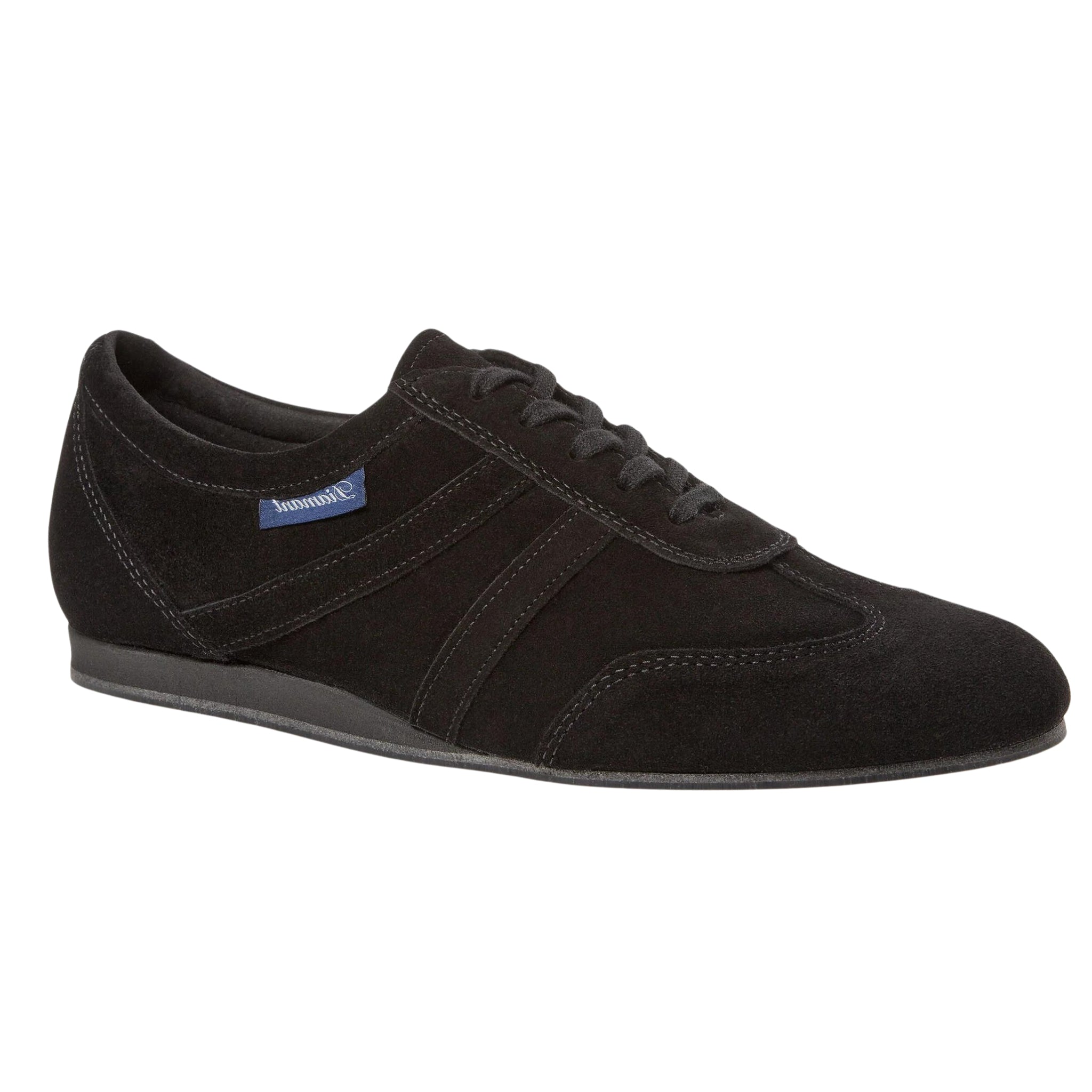 Diamant 133 Tanzsneaker in Schwarz mit Schnürsenkeln, schmaler Vario Spin-Sohle, Seitennähten und blauem Logo-Tag.